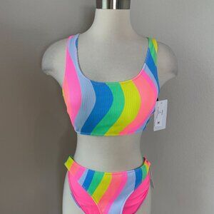 NEW Hurley Womens Small Soft‎ Waves 2 Piece Bikini Set Rainbow Stripe Swimsuit